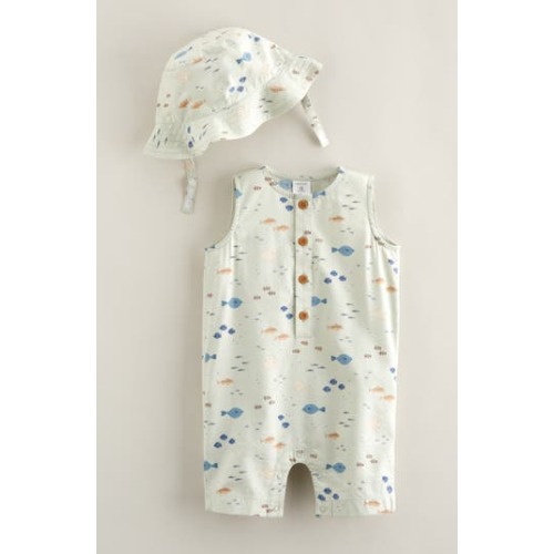 Print Henley Romper & Hat Set, 6M