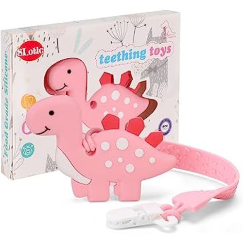Baby Teething Toys, Dinosaur Teether Pain Relief Toy with One Piece Design Pacifier Clip Holder Set for Newborn Babies, Freezer Safe Neutral Shower Gift for Boys and Girls (Pink)