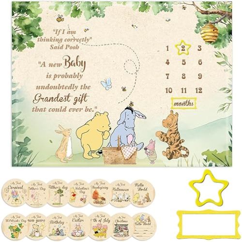 Winnie Milestone Blanket for Baby Boy,The Pooh Baby Monthly Growth Photo Blanket,Newborn Photography Background Decor, with 7pcs Double-Sided Printed Holiday Cardstock