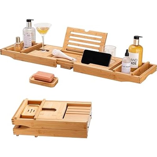 HBlife Bathtub Caddy Tray Foldable Bamboo Bath Table Tray with Book and Wine Glass Holder, Expandable Bathroom Accessories