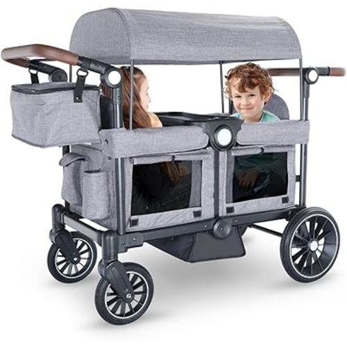 Kinder King Folding Wagon Stroller for 2 Kids, Convert to Newborn Bassinet, 2 Seater w/Removable Canopy, Adjustable Handle, All-Terrain Shock-Absorbing Wheel, Detachable Tray, Diaper Bag, Grey