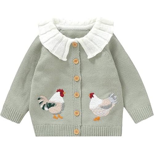 Toddler Baby Girl Sweater Cardigan Chicken Embroidery Doll Collar Button Down Knit Jacket Fall Winter Coat Knitwear