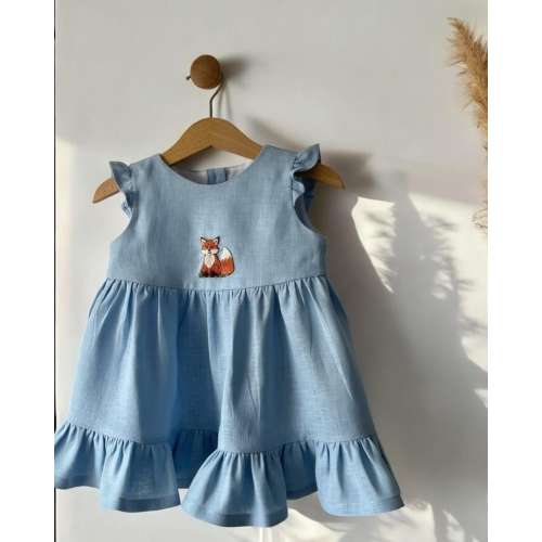 Autumn Fox Dress for Girls, Hand Embroidered Linen Dress, Toddler Linen Dress, First Birthday Girl Dress, Dress for Girls