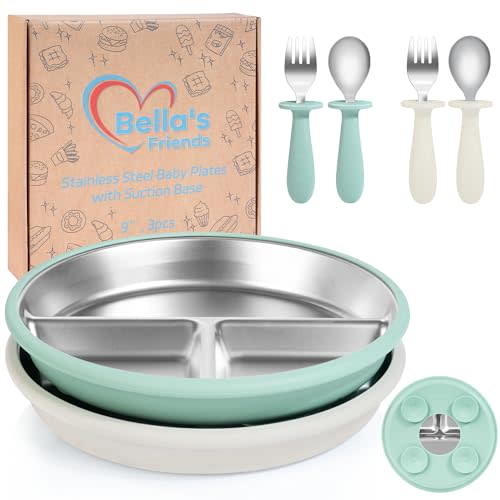 Bella’s Friends Baby Feeding Set, 2 Pack Stainless Steel Divided Plate with Silicone Suction, 2 Set Spoons and Forks, BPA Free, Dishwasher Safe, Baby Led Weaning Supplies, Toddler Utensils,beige green