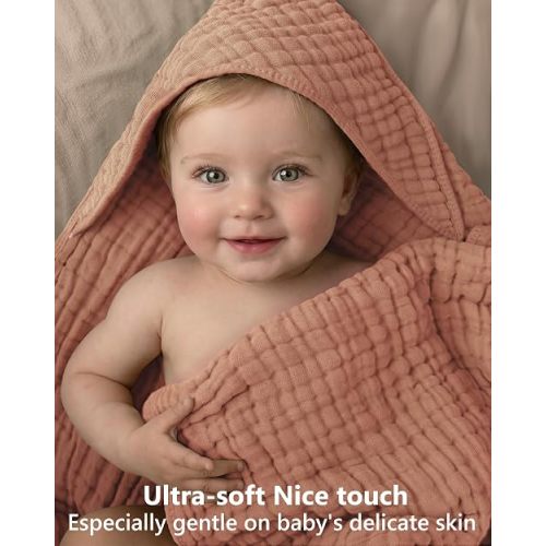 FIEMOL Baby Bath Towels, 100% Muslin Cotton Hooded Baby Towels for Newborn, 2 Pack Baby Towels with Hood for Infant Toddler and Kids, Large 32x32Inch Bath Essentials, Soft and Absorbent Orange Rainbow