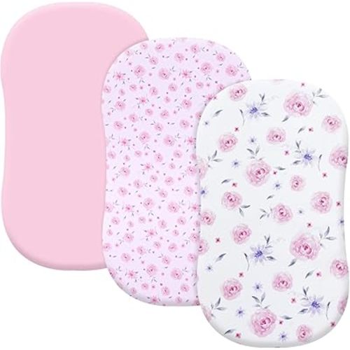 PHF 3 Pack Soft Bassinet Sheets, Floral Comfy Polyester Cradle Sheets for Baby Boys Girls, Universal Fit for Most Cradle and Bassinet Mattress, Pink Floral