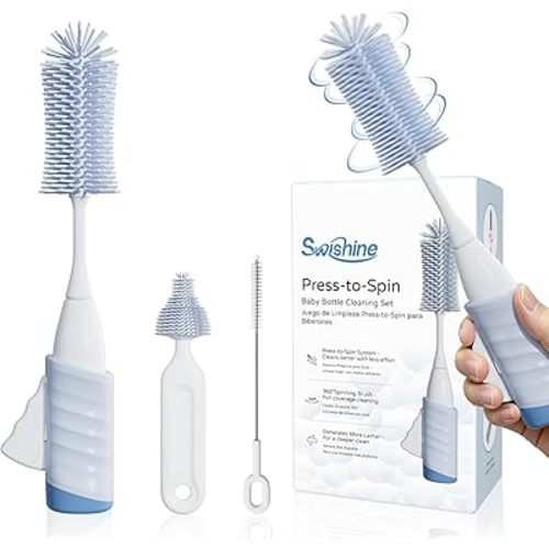 Baby Bottle Brush Set, Innovative Efficient Press-to-Spin Brush Cleaner - Includes Silicone Bottle Brush, Nipple Brush, Straw Cleaner - Spinning Generates Rich Foam for Deep Cleaning, Blue