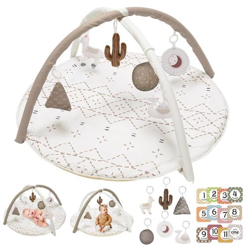 Tummy Time Mat with 6 Toys, Macrame Baby Play Mat for Newborn, Baby Gym with 12 Milestone Cards, Stage-Based Sensory and Motor Skill Development Baby Play Gym, Non Slip Mat Washable, Khaki