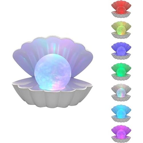 Shell Pearl Beach Themed Night Light, RGB 8 Colors Changing Mood Shell Pearl Lamps, Bedside LED Clamshell Portable Night Lights for Bar (White)