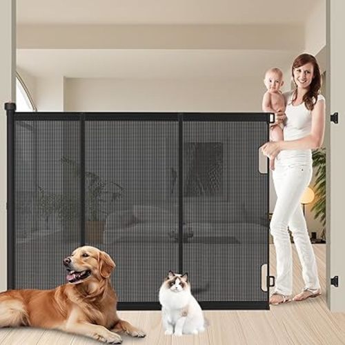 Pawtners Retractable Baby Gates Extra Wide, Dog Gate Indoor with Cat Door for Stairs, Pet Gate with Support Rods for Doorways Hallways Indoor & Outdoor,51" Tall x 200" Wide