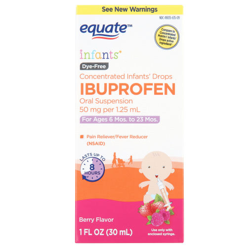 Equate Infants' Dye-Free Ibuprofen Oral Suspension Concentrated Drops, 50 mg, Berry Flavor, Ages 6 Mos to 23 Mos, 1 fl oz, Compare to Concentrated Motrin® Infants' Drops Active Ingredient HSA/FSA Eligible