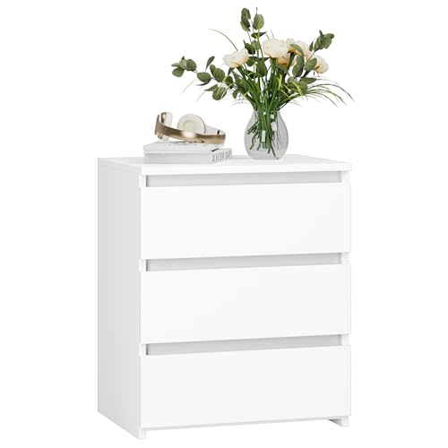 FOTOSOK White Nightstand with 3 Drawers, White Bedside Table Night Stand for Bedroom with Cut-Out Handle, Sofa Side Table 3 Drawer Nightstand for Bedroom, 17.7W*15D*21.7H