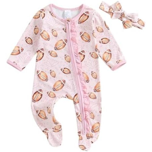 BULINGNA Newborn Baby Girl Football Jumpsuit Long Sleeve Ruffle Zip Up Rugby Footie Romper One Piece Outfit with Headband