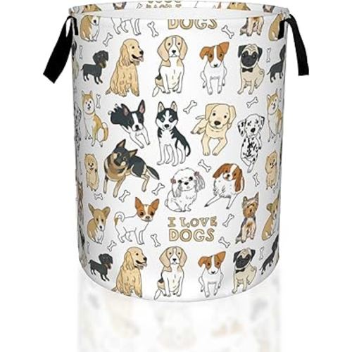 Dog Pets Cute Animals Laundry Basket,Waterproof Foldable Laundry Hamper,Dirty Clothes Laundry Basket, Linen Bin Storage Organizer for Toy Collection 16" x 20"