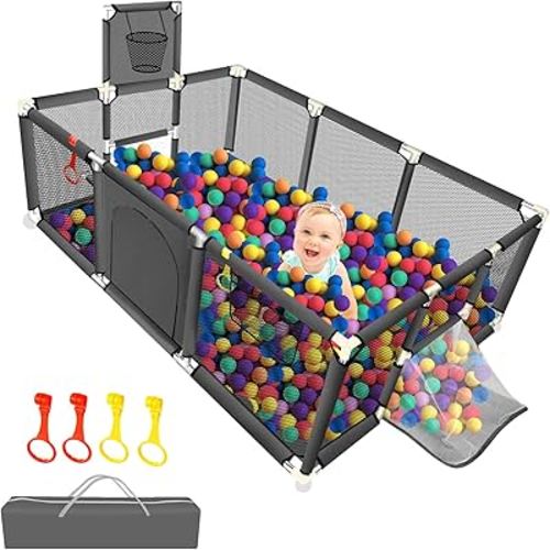 Large Playpen for Babies and Toddlers - Baby Ball Pit Sturdy Play Pen/Yard W/Basketball Hoop, Children's Fence Play Area, Indoor Outdoor Kids Activity Center, Infant Safety Gates (No Ocean Balls)