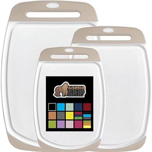 The Original Gorilla Grip Oversized 100% BPA Free Reversible Durable Kitchen Cutting Board Set of 3, Juice Grooves, Dishwasher Safe, Easy Grip Handle Border, Food Chopping Boards, Cooking, Almond