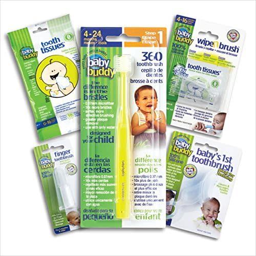 Brilliant Infant Oral Care Set by Baby Buddy, 5 PC, Includes Tooth Gel, Finger Toothbrush, Wipe-N-Brush, Baby's 1st Toothbrush, Baby Toothbrush, Silicone Bristle Toothbrushes, Yellow/Clear