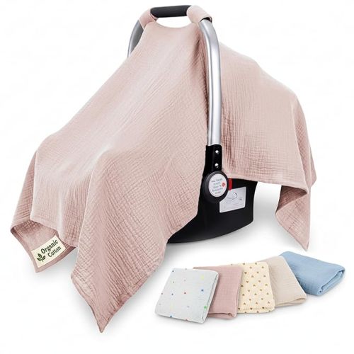 infancie 100% Organic Muslin Cotton Car Seat Cover 35 x 50 Inches Soft Touch Breathable Canopy, Protective Car Seat Cover Baby All Seasons Lightweight Car Seat Cover Travel Comfort (Pink)