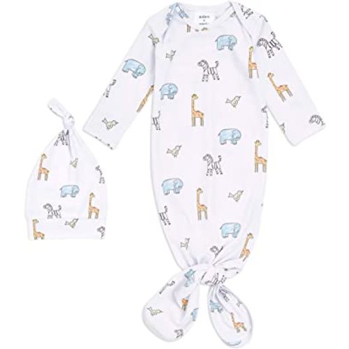 aden + anais Comfort Knit Knotted Newborn Baby Gown and Hat, Super Soft Cotton with Spandex, Infant Gown with Fold Over Mitten Cuffs, 2 Piece Set, 0-3 Months, Jungle Jammin