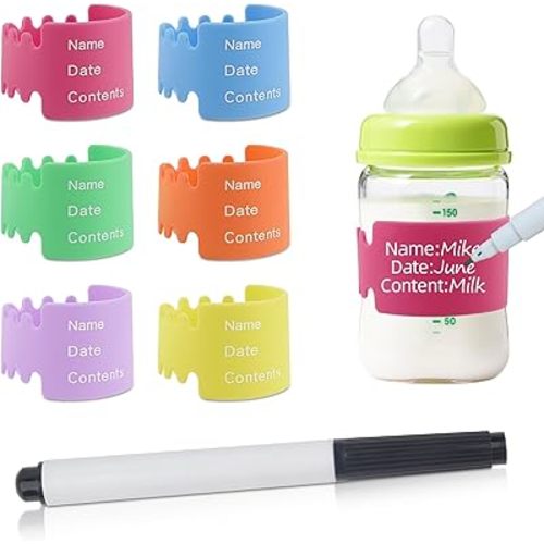 6PCS Bottle Labels Daycare Reusable, Waterproof Silicone Baby Bottle Labels for Daycare,Write and Reuse Sippy Cup Bands Baby Bottle Labels with Marker(6 Color)