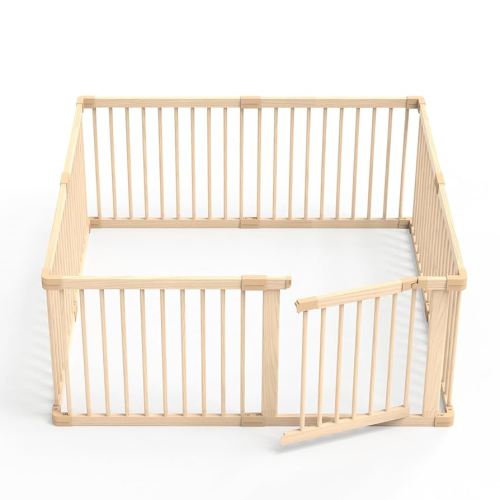 Wooden Baby Playpen, Large Size Adjustable Baby Playard for Babies and Toddlers with Safety Gate, CPC Certified Play Fence(57x57x24 Inches