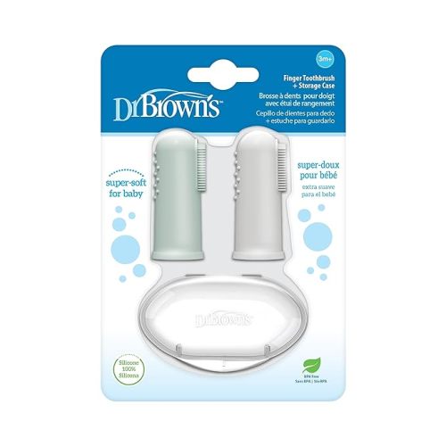 Dr. Brown's Silicone Finger Toothbrush for Baby with Travel-Storage Case, 3m+, Gray and Light Green, 2-Pack