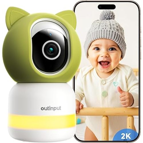 Outinput Baby Monitor with Camera and Audio, 2K 4MP Indoor Security Camera for Home, 360° PTZ, AI Crying & Feeding Alerts, Night Vision with Gentle Light, Soothing Lullabies, 2-Way Audio
