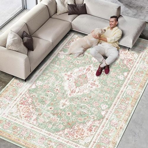 Vhong Washable Area Rugs Boho Vintage Modern Neutral Large Carpet Green and Pink High Traffic Rugs 5×7 for Dinning Room Living Room Bedroom Farmhouse Non Slip