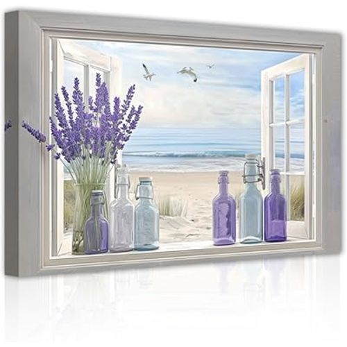 CHAOSETKEN Lavender Wall Art Coastal Landscape Poster Pictures Purple Lavender Floral Canvas Prints Rustic Flowers Paintings for Bathroom Decor Framed (Purple,12.00" x 18.00")