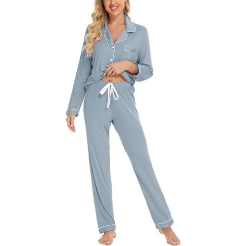 Leikar Button Up Pajama Set For Women Long Sleeve Shirt And Pajama Pants Soft Pjs Lounge Sets