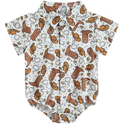 Kayotuas Western Baby Boy Clothes Cowboy Shirt Romper Long/Short Sleeve Button Down Onesie Bodysuit Infant Gentleman Outfits