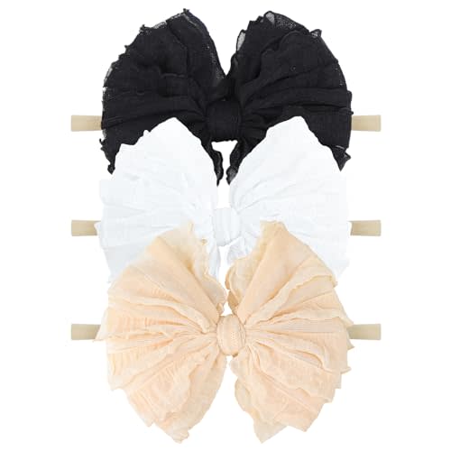 Lanmerry Baby Girl Headband with Bows, 3Pcs Nylon Hair Accessories for Infant, Toddler Girls, Black, White, Beige - HAIRBAND