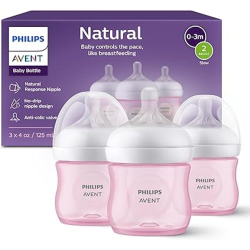 Philips Avent Natural Baby Bottles with Natural Response Nipples (Slow Flow, Flow 2), 4oz, Pink, 3-pack, SCY900/13