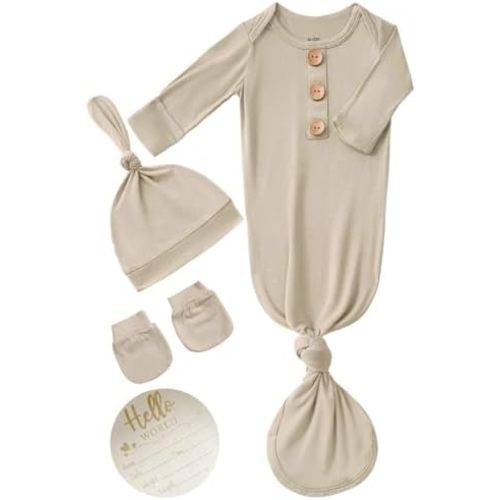 Newborn Baby Knotted Gown Headband/Hat Set Clothes Bamboo Viscose Sleep Gown with Announcement Sign