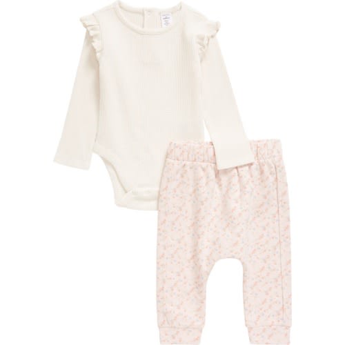 Baby Waffle Bodysuit & Pants Set, Newborn, Pink Dew Ditsy Daisy