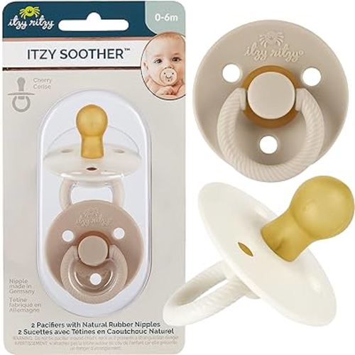 Itzy Ritzy Natural Rubber Pacifiers, Set of 2 – Natural Rubber Newborn Pacifiers with Cherry-Shaped Nipple & Large Air Holes for Added Safety; Set of 2 in Coconut & Toast, Ages 0 – 6 Months