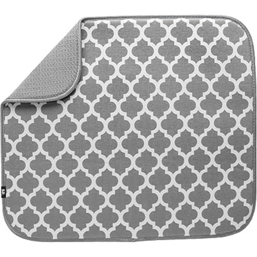 S&T INC. Dish Drying Mat, 16” x 18”, Absorbent Microfiber Kitchen Counter Mat, Dish Drying Pad for Dishes, Utensils, Pots and Pans, Large, White Trellis