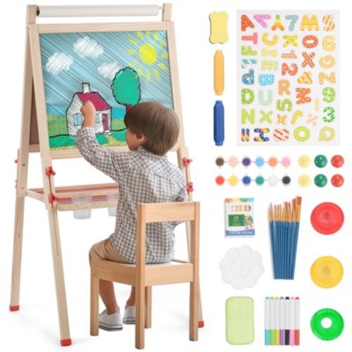 Art Easel for Kids with Paper Roll, Adjustable Double Side Art Drawing Standing Chalkboard for Toddlers 3-12, Boy & Girls Wooden Gift & Art Supplies for Toddler