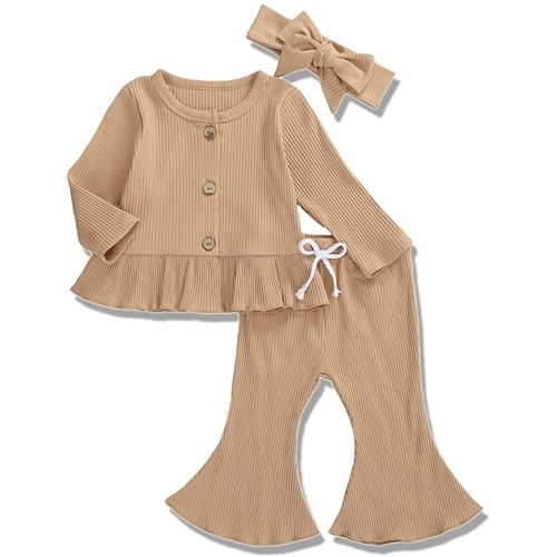Fall Outfits Newborn Baby Girl Knit Romper Tops+Bell-Bottoms Long Pants+Headband - Ruffle Style-brown - 6-12 Months