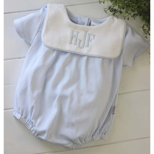 Blue Cotton Bubble Outfit White Bib Collar, Size: 6M