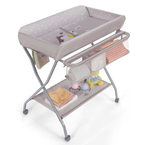 Portable Newborn Changing Table, Foldable Diaper Station with Safety Belt, Wheels, Grey