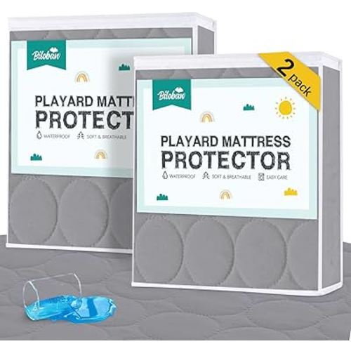Pack and Play Protector Sheets Waterproof 2 Pack, Quilted Pack and Play Mattress Pad Cover Fitted Fits for Graco Pack n Play Playard Mattress/Playpen Mattress, Grey, 39" x 27"