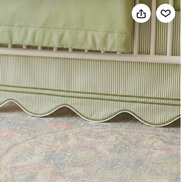 Sage Green Ticking Stripe Pattern Scalloped + Double Border Embroidery Dust Ruffle- Crib Bed Skirt