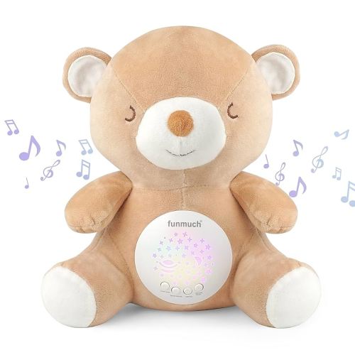 Teddy Bear Baby Soother - Sleep Soothing White Noise, Portable Night Light Projector and Melodies, Toddler Crib Lullaby Machine Sleeping Aid for Newborns and Up, Babies Stuffed Animal Plush Toy