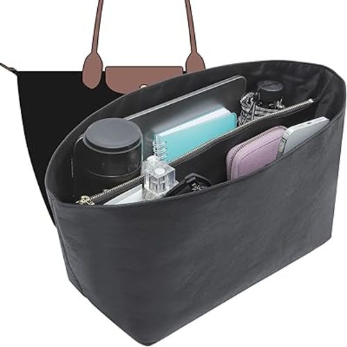 Doxo Purse Organizer Insert for le pliage Tote, Extra Lightweight Waterproof le pliage Large Organizer with YKK Zip, Bag Organizer Compatible with Long Champ Shoulder Bag Large(Full Black,L)