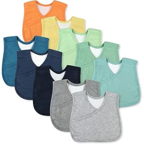 HonestBaby Multipack Reversible 4-in-1 Bibs Absorbent Terry and Knit 100% Organic Cotton Infant Baby Boys, Girls, Unisex, 10-pack Rainbow Blues, One Size