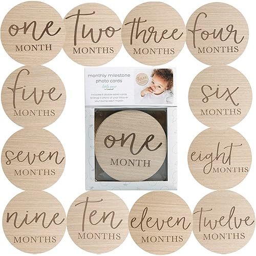 Wooden Milestone Photo Cards - Double-Sided Baby Announcement Discs, Ideal Photo Prop for Monthly Pregnancy Journey and Baby Milestones, 1-12 Months, Light Wood