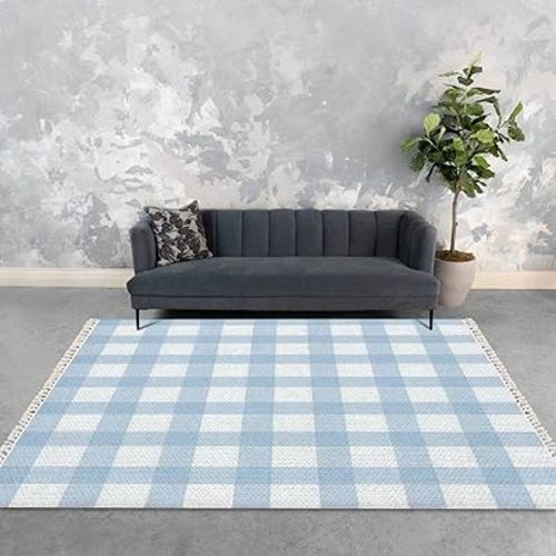 Boho Rug Baby Blue Gingham Plaid Seamless Buffalo Check Surface Design Area Woven Rug with Tassels Patio Mat Carpet Minimalist Home Decor Outdoor Living Room Bedroom Playroom Nursery Rug 5x8'