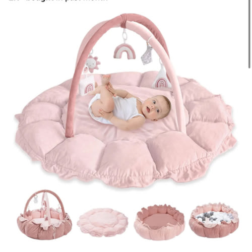 HAN-MM 5-in-1 Convertible Baby Play Gym with 6 Toys, Tummy Time Mat for Sensory Development, Baby Activity Center from Newborn to Toddler, Ball Pit, Cat & Dog Bed, Soft Plush Pet Bed, Pink