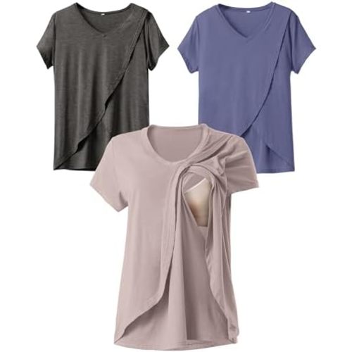 Rnxrbb V Neck Nursing Tops for Breastfeeding Tshirts Summer Postpartum Clothes Sets Short Sleeve 3 Pack Double Layer